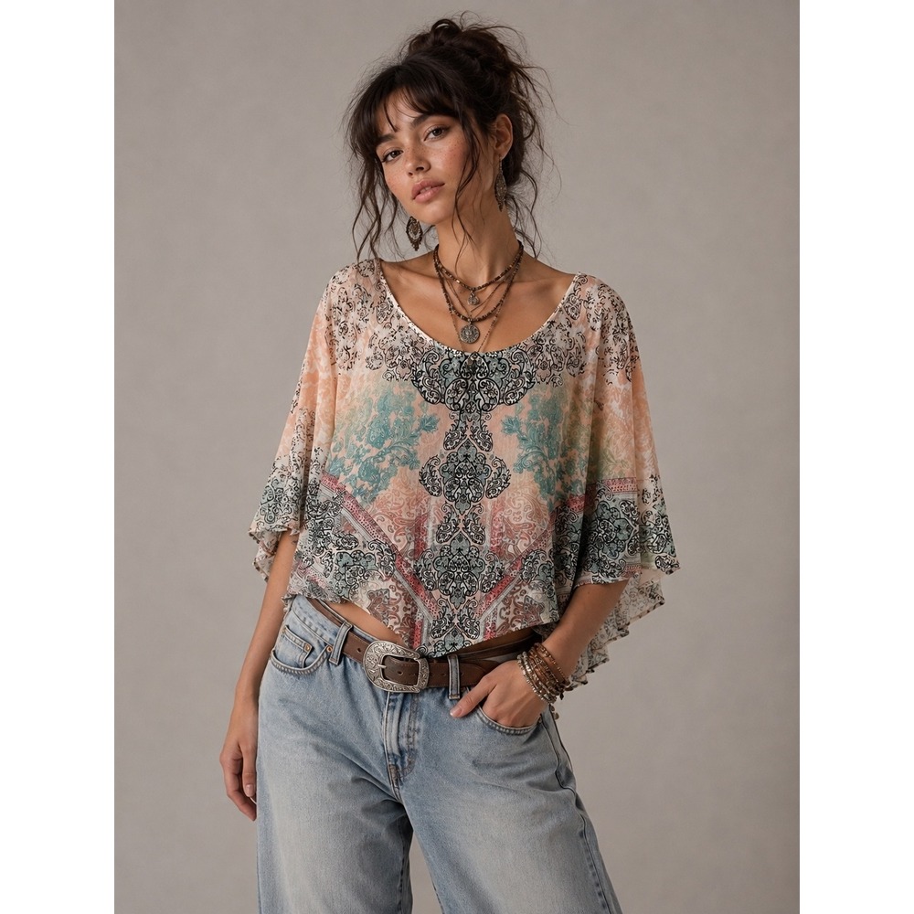 World Unity Boho Embellished Poncho Top Bohemian Peasant Ethereal Pink Green L
